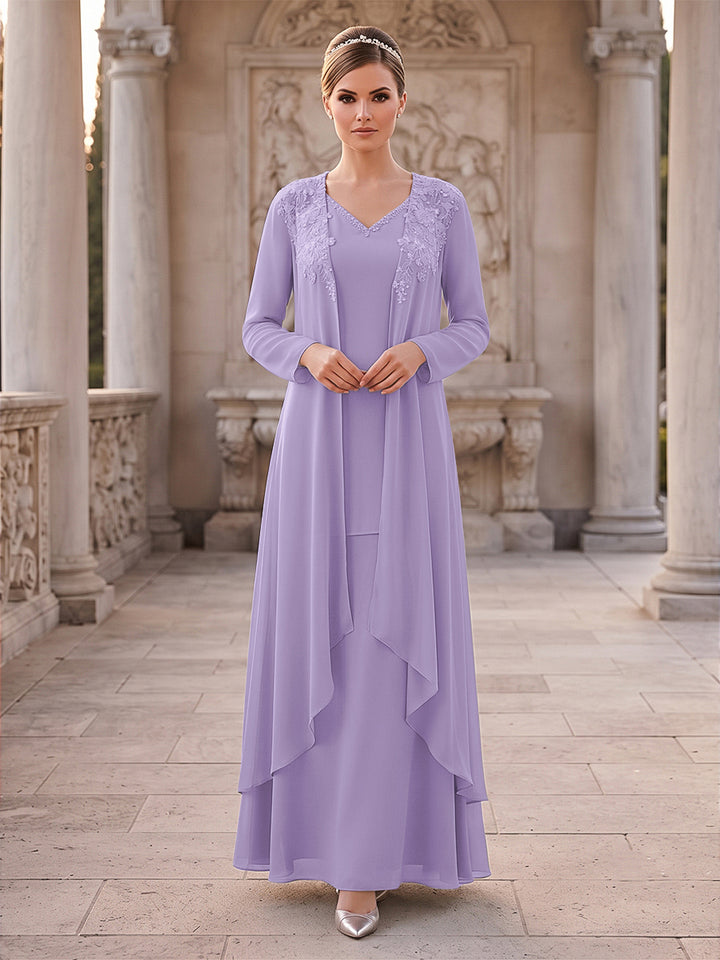 A-Line/Princess 2 Pieces Long Sleeves V Neck Floor Length Mother Of The Bride Dresses With Ruffles &amp; Appliques