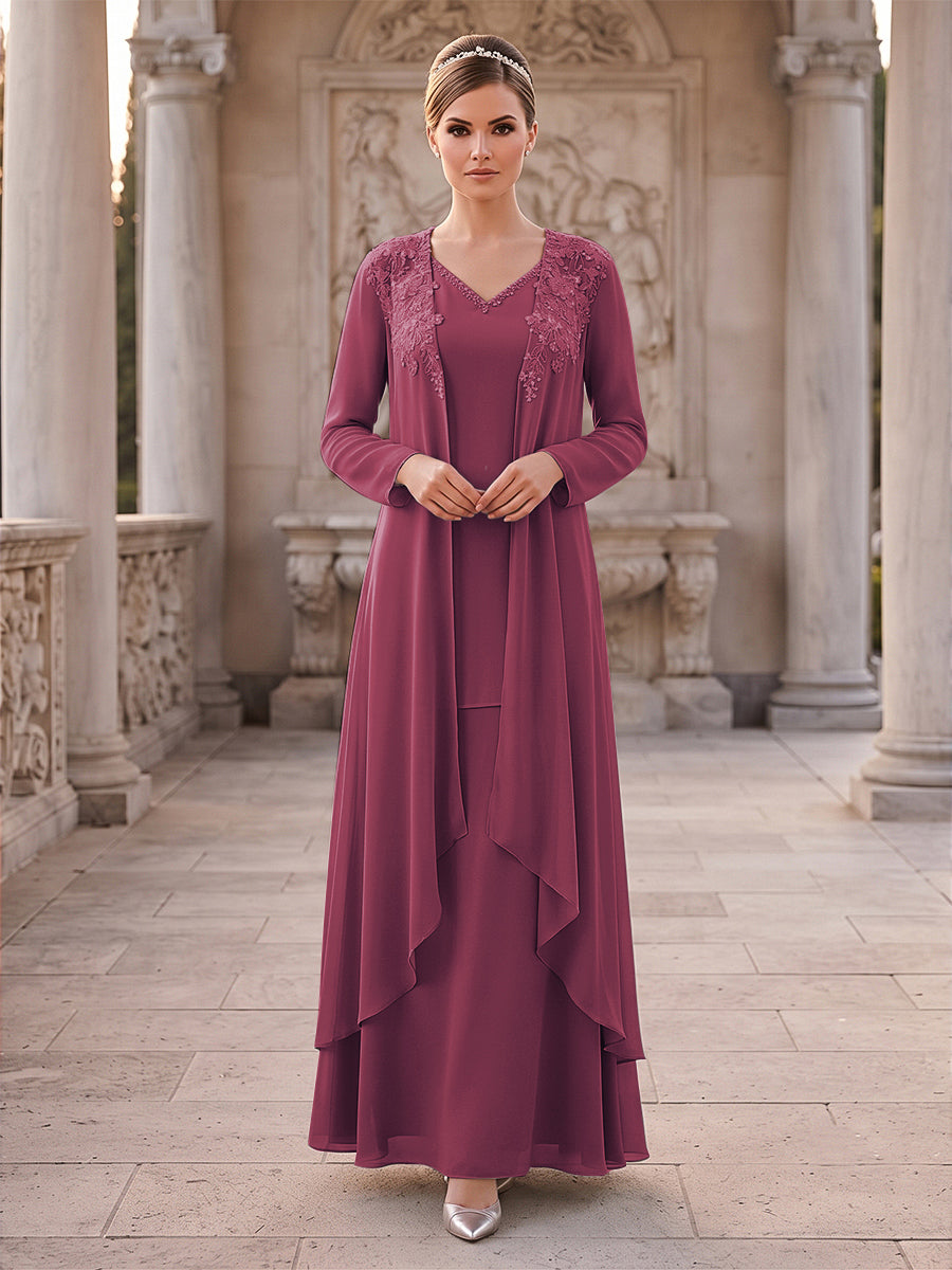 A-Line/Princess 2 Pieces Long Sleeves V Neck Floor Length Mother Of The Bride Dresses With Ruffles &amp; Appliques