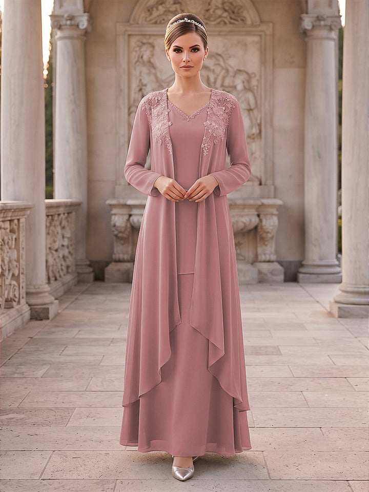 A-Line/Princess 2 Pieces Long Sleeves V Neck Floor Length Mother Of The Bride Dresses With Ruffles &amp; Appliques