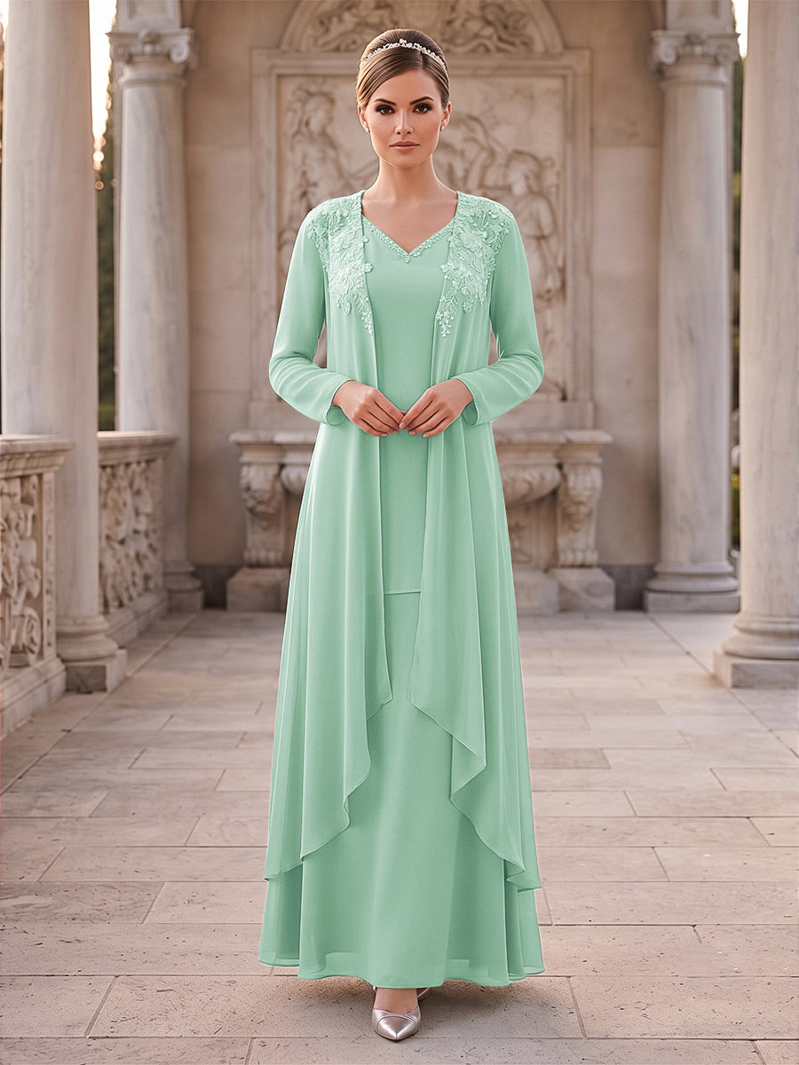A-Line/Princess 2 Pieces Long Sleeves V Neck Floor Length Mother Of The Bride Dresses With Ruffles &amp; Appliques