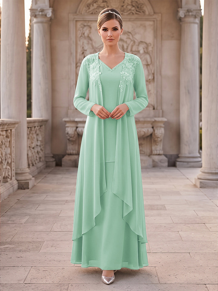 A-Line/Princess 2 Pieces Long Sleeves V Neck Floor Length Mother Of The Bride Dresses With Ruffles &amp; Appliques