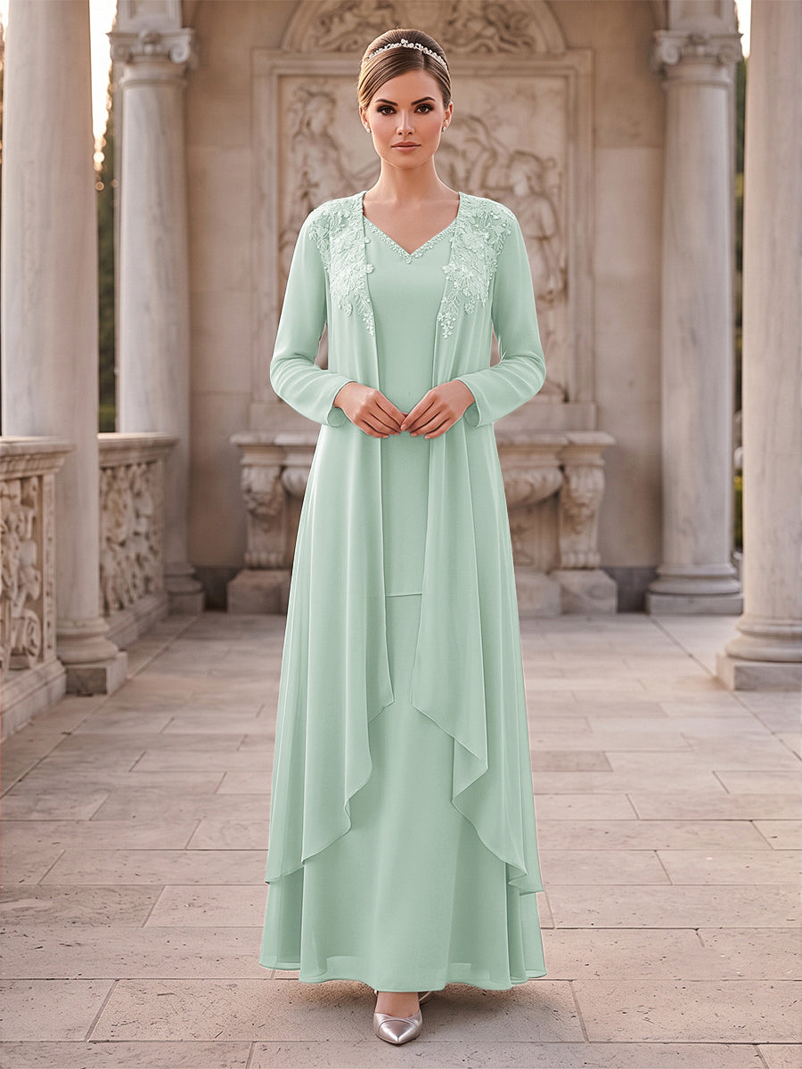 A-Line/Princess 2 Pieces Long Sleeves V Neck Floor Length Mother Of The Bride Dresses With Ruffles &amp; Appliques