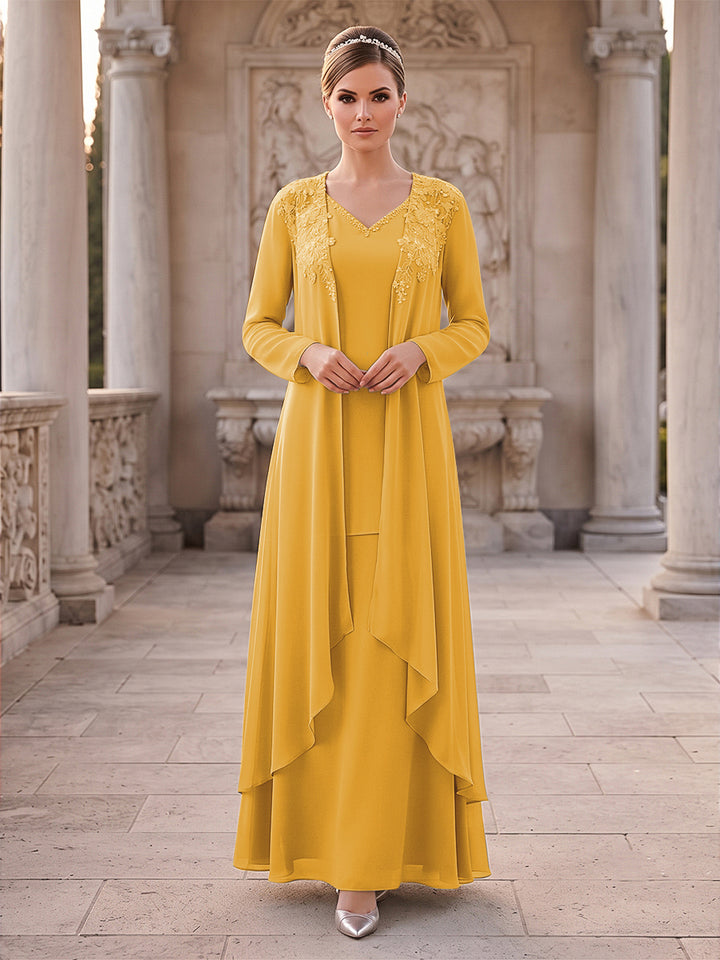 A-Line/Princess 2 Pieces Long Sleeves V Neck Floor Length Mother Of The Bride Dresses With Ruffles &amp; Appliques