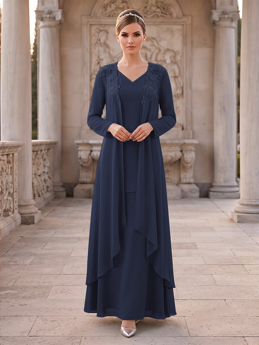 A-Line/Princess 2 Pieces Long Sleeves V Neck Floor Length Mother Of The Bride Dresses With Ruffles &amp; Appliques