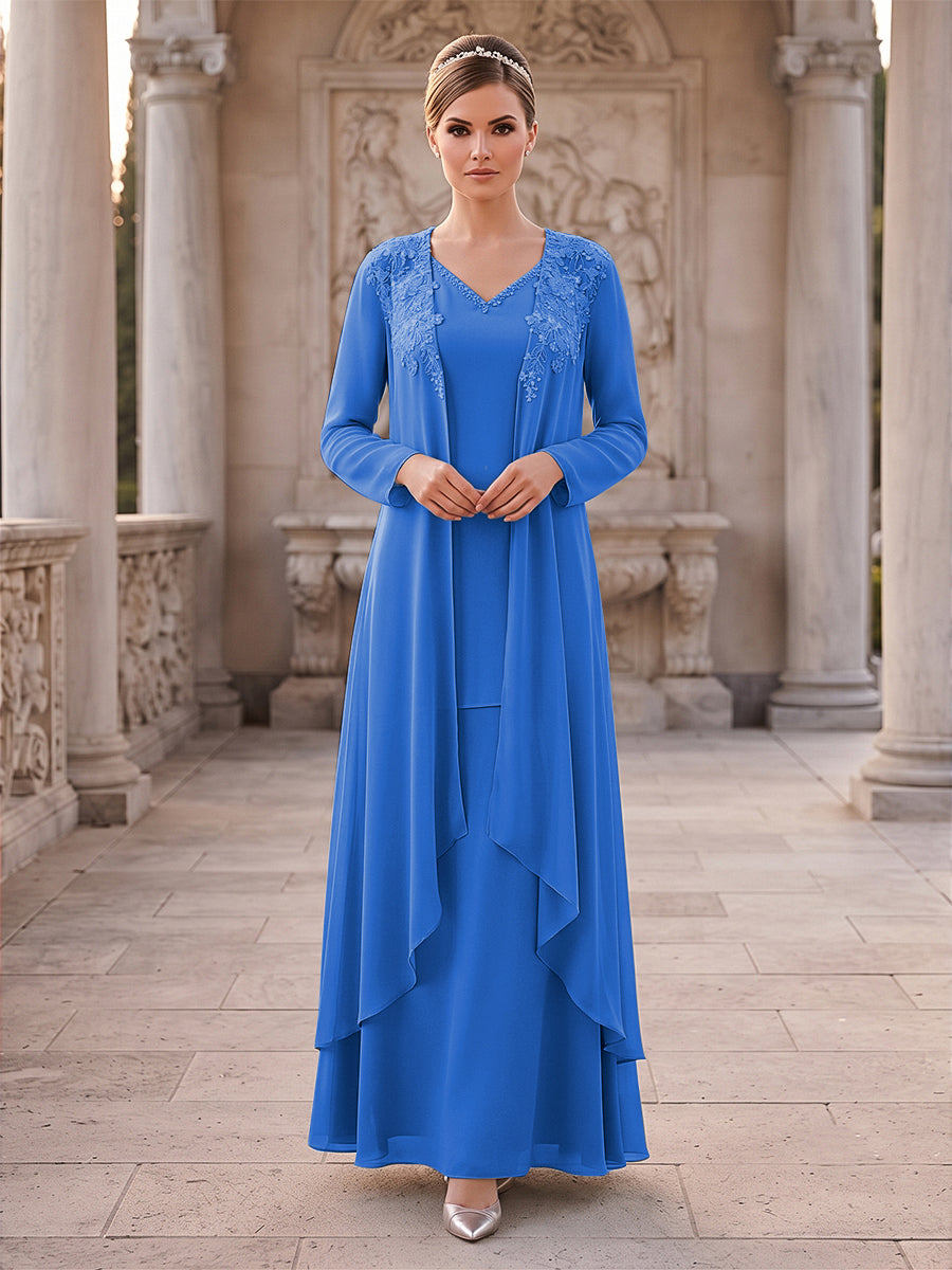 A-Line/Princess 2 Pieces Long Sleeves V Neck Floor Length Mother Of The Bride Dresses With Ruffles &amp; Appliques