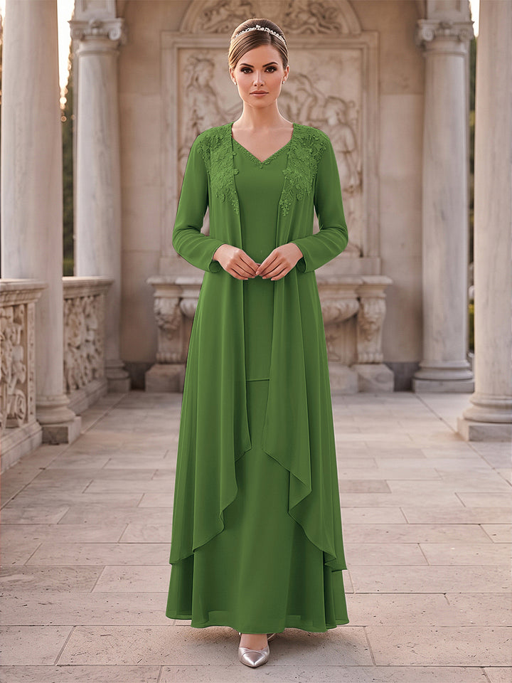 A-Line/Princess 2 Pieces Long Sleeves V Neck Floor Length Mother Of The Bride Dresses With Ruffles &amp; Appliques