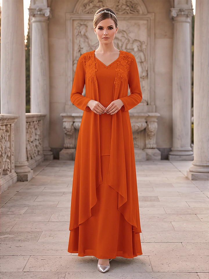 A-Line/Princess 2 Pieces Long Sleeves V Neck Floor Length Mother Of The Bride Dresses With Ruffles &amp; Appliques