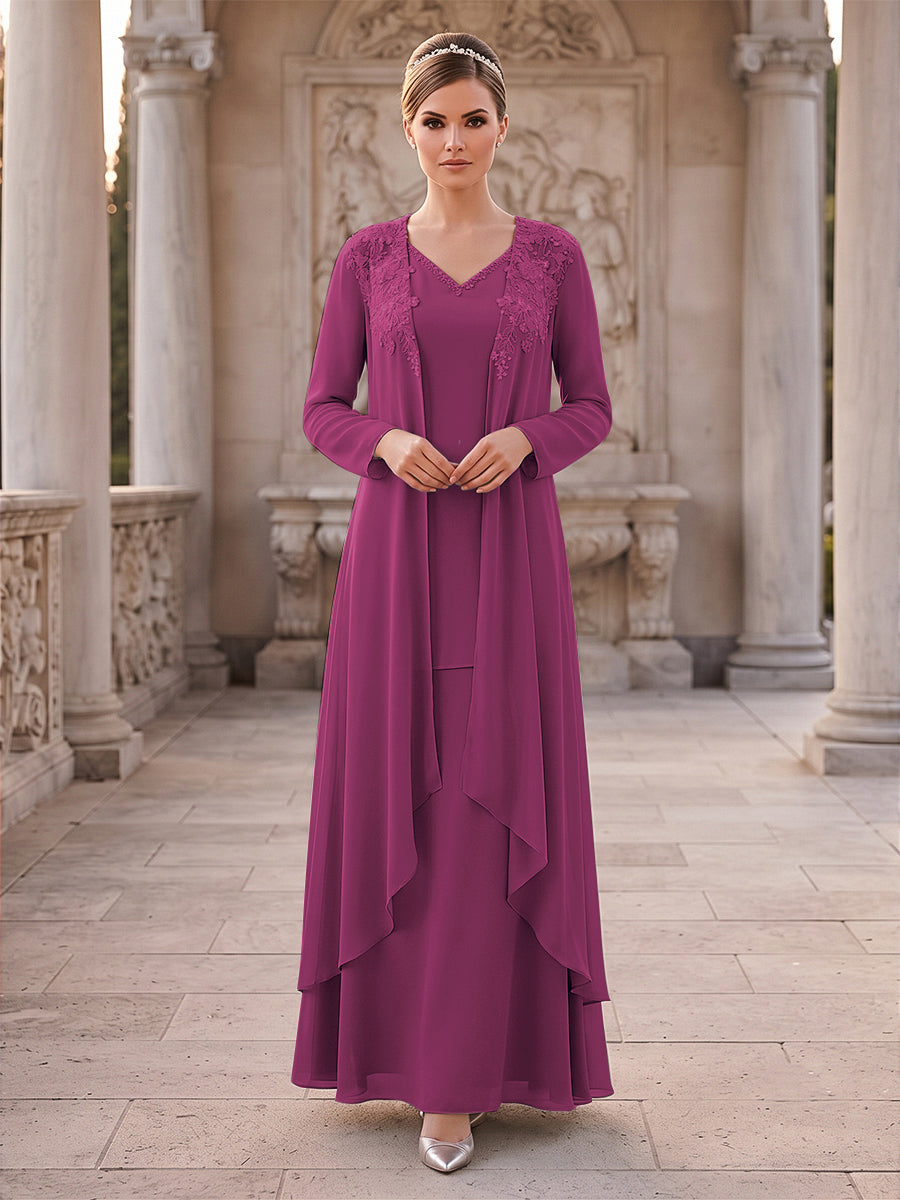 A-Line/Princess 2 Pieces Long Sleeves V Neck Floor Length Mother Of The Bride Dresses With Ruffles &amp; Appliques