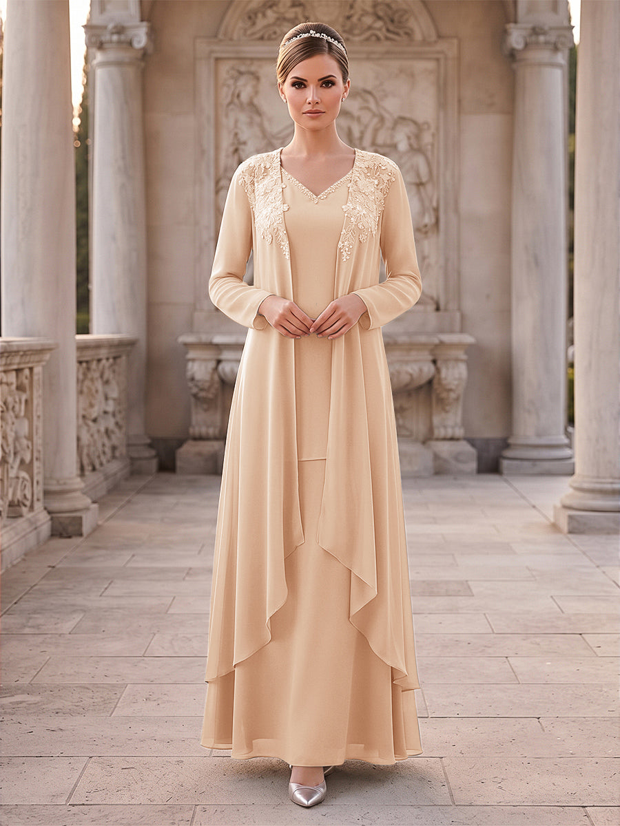 A-Line/Princess 2 Pieces Long Sleeves V Neck Floor Length Mother Of The Bride Dresses With Ruffles &amp; Appliques