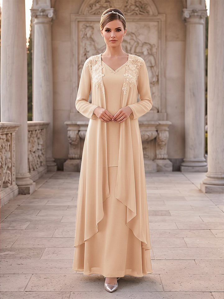 A-Line/Princess 2 Pieces Long Sleeves V Neck Floor Length Mother Of The Bride Dresses With Ruffles &amp; Appliques