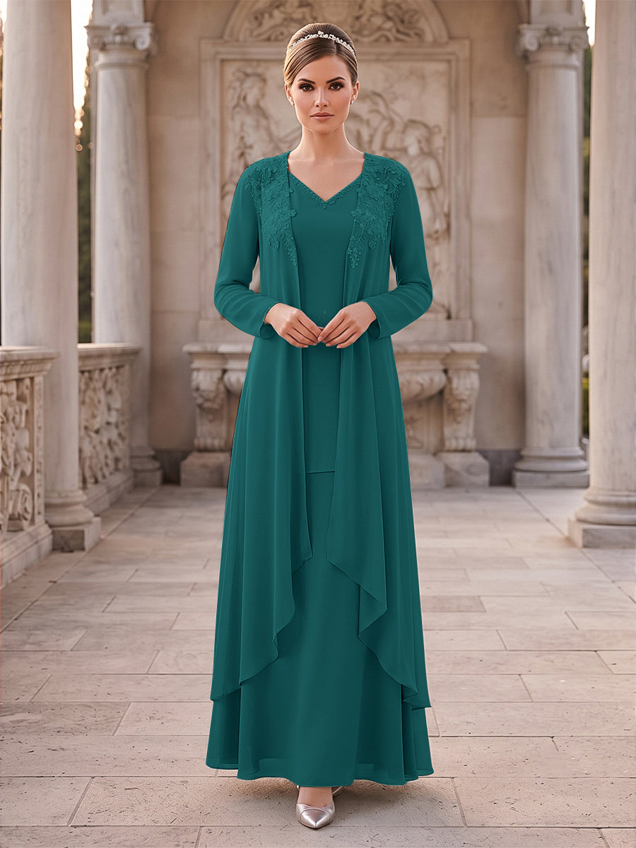 A-Line/Princess 2 Pieces Long Sleeves V Neck Floor Length Mother Of The Bride Dresses With Ruffles &amp; Appliques