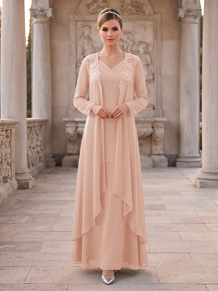 A-Line/Princess 2 Pieces Long Sleeves V Neck Floor Length Mother Of The Bride Dresses With Ruffles &amp; Appliques