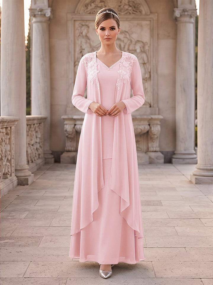 A-Line/Princess 2 Pieces Long Sleeves V Neck Floor Length Mother Of The Bride Dresses With Ruffles &amp; Appliques
