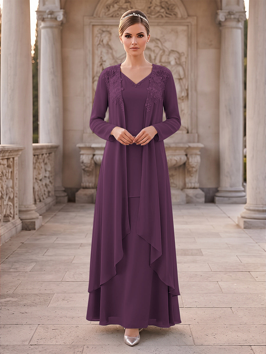 A-Line/Princess 2 Pieces Long Sleeves V Neck Floor Length Mother Of The Bride Dresses With Ruffles &amp; Appliques