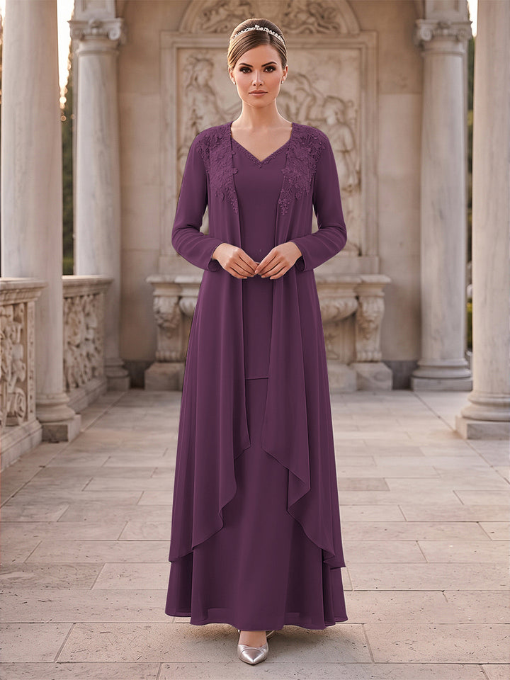 A-Line/Princess 2 Pieces Long Sleeves V Neck Floor Length Mother Of The Bride Dresses With Ruffles &amp; Appliques