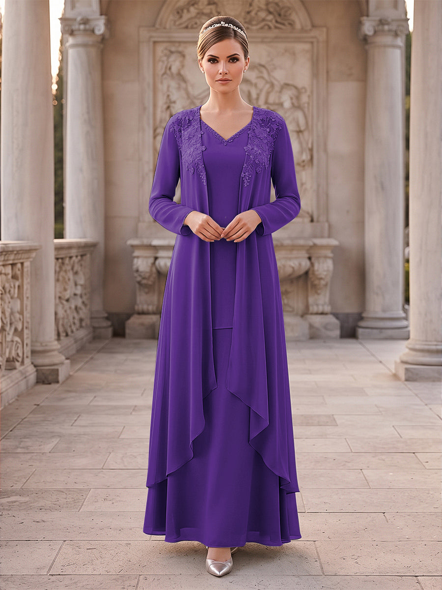 A-Line/Princess 2 Pieces Long Sleeves V Neck Floor Length Mother Of The Bride Dresses With Ruffles &amp; Appliques