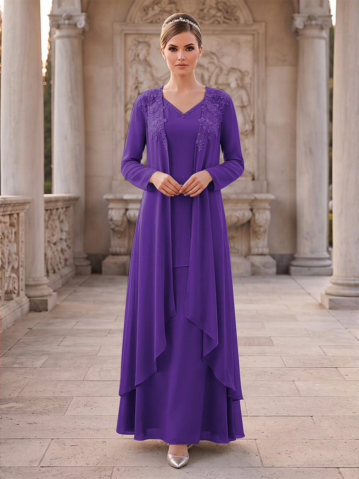 A-Line/Princess 2 Pieces Long Sleeves V Neck Floor Length Mother Of The Bride Dresses With Ruffles &amp; Appliques