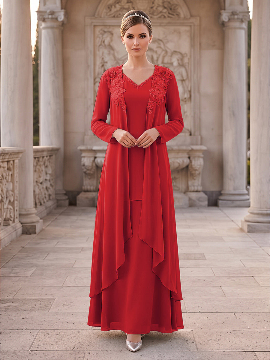 A-Line/Princess 2 Pieces Long Sleeves V Neck Floor Length Mother Of The Bride Dresses With Ruffles &amp; Appliques