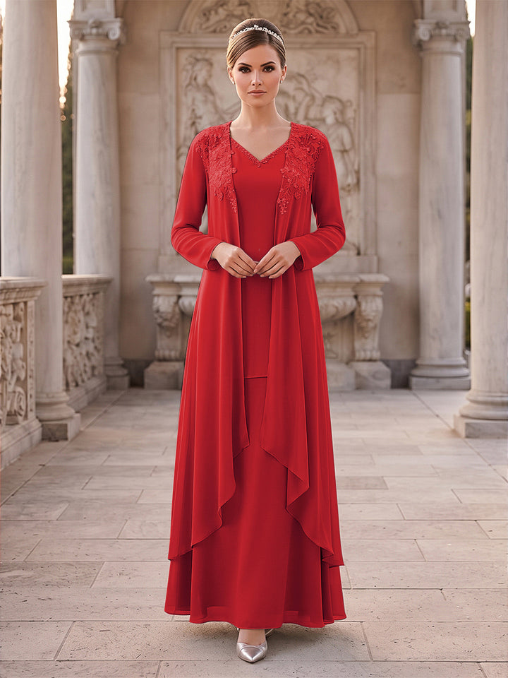 A-Line/Princess 2 Pieces Long Sleeves V Neck Floor Length Mother Of The Bride Dresses With Ruffles &amp; Appliques