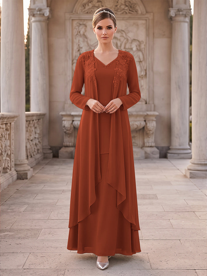A-Line/Princess 2 Pieces Long Sleeves V Neck Floor Length Mother Of The Bride Dresses With Ruffles &amp; Appliques