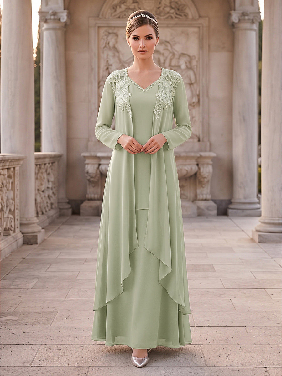 A-Line/Princess 2 Pieces Long Sleeves V Neck Floor Length Mother Of The Bride Dresses With Ruffles &amp; Appliques