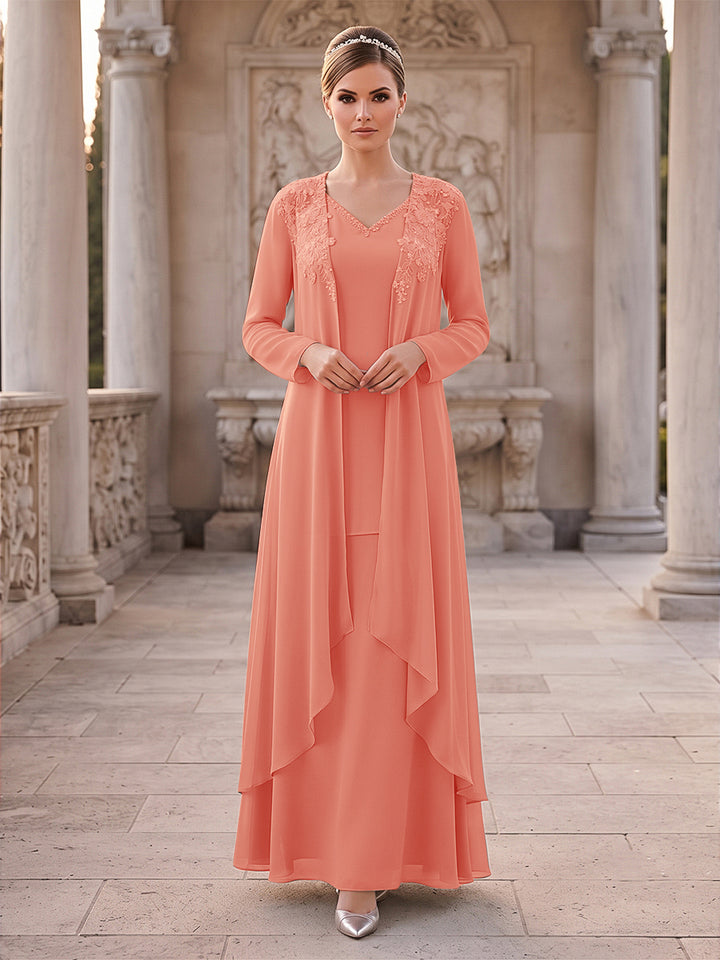 A-Line/Princess 2 Pieces Long Sleeves V Neck Floor Length Mother Of The Bride Dresses With Ruffles &amp; Appliques