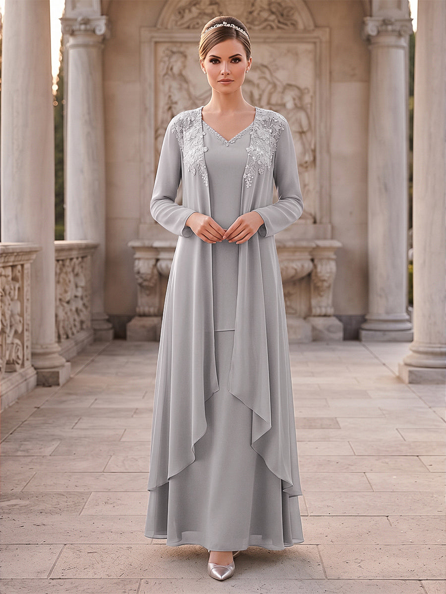 A-Line/Princess 2 Pieces Long Sleeves V Neck Floor Length Mother Of The Bride Dresses With Ruffles &amp; Appliques