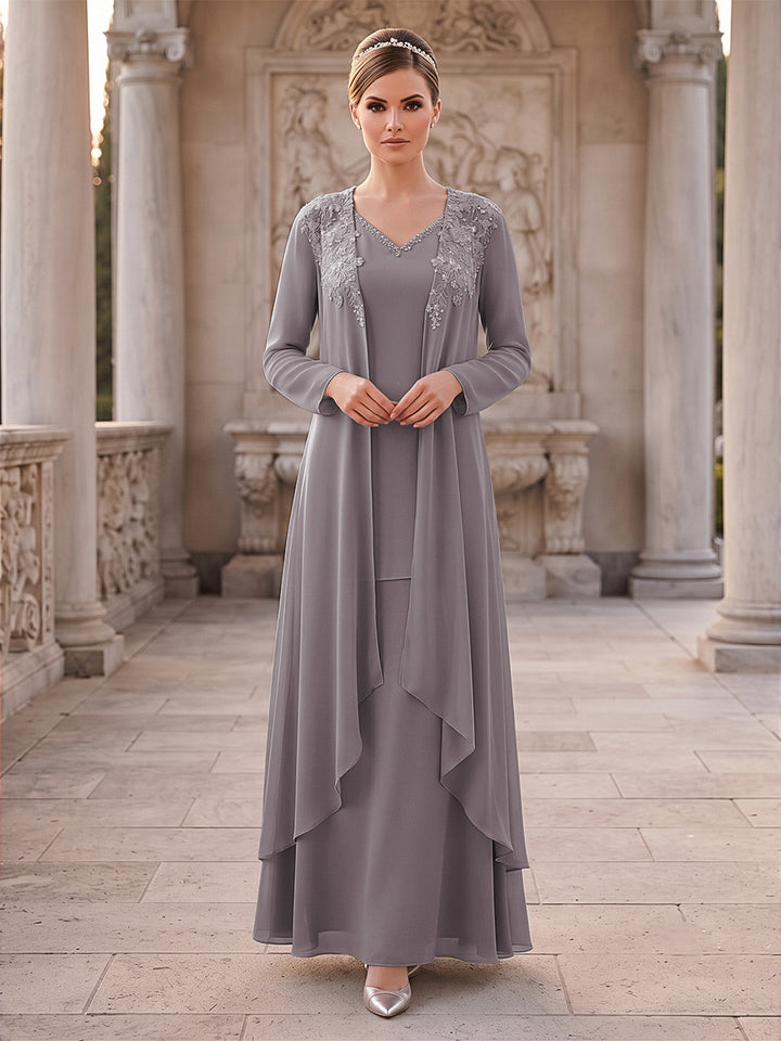 A-Line/Princess 2 Pieces Long Sleeves V Neck Floor Length Mother Of The Bride Dresses With Ruffles &amp; Appliques