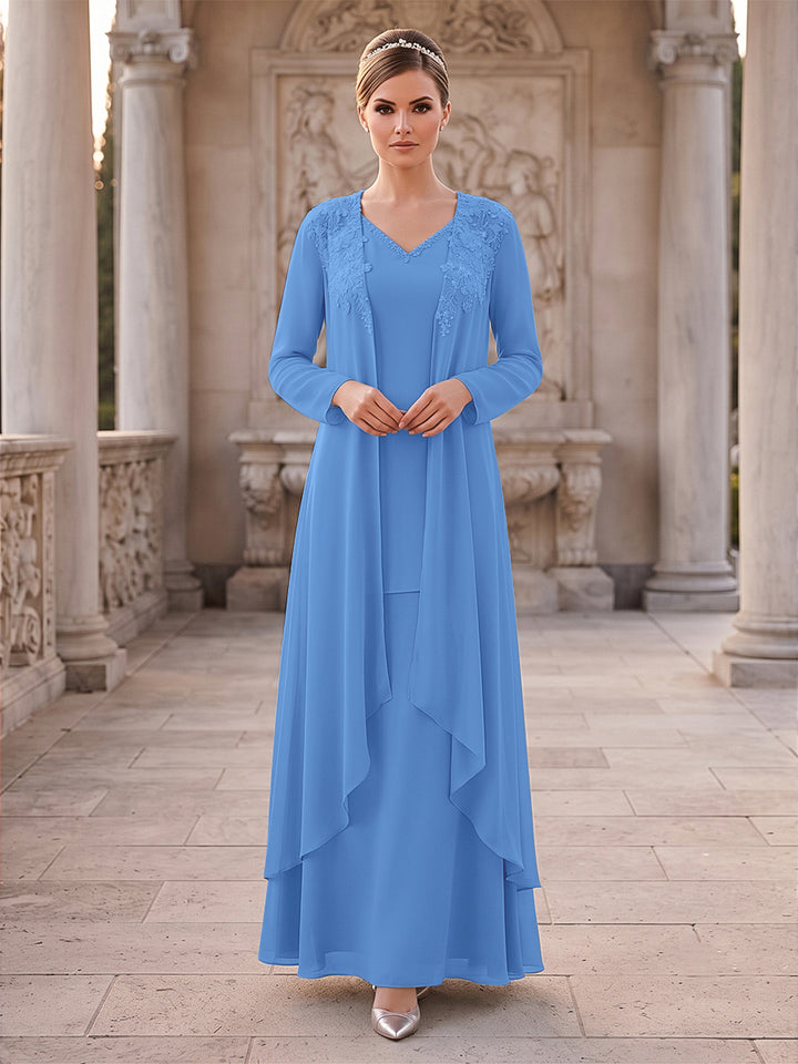 A-Line/Princess 2 Pieces Long Sleeves V Neck Floor Length Mother Of The Bride Dresses With Ruffles &amp; Appliques
