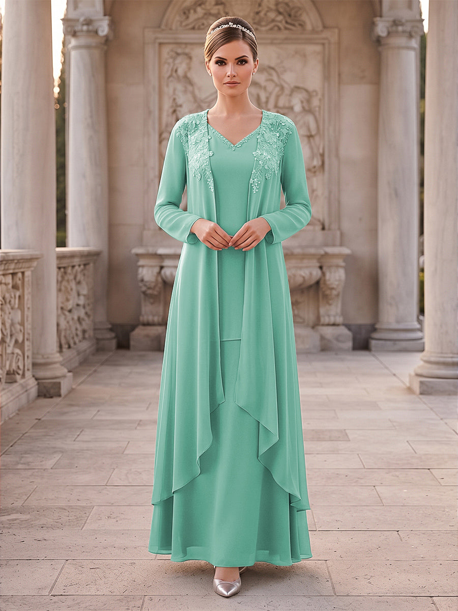 A-Line/Princess 2 Pieces Long Sleeves V Neck Floor Length Mother Of The Bride Dresses With Ruffles &amp; Appliques