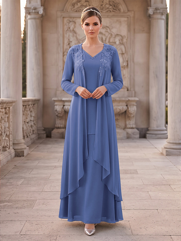 A-Line/Princess 2 Pieces Long Sleeves V Neck Floor Length Mother Of The Bride Dresses With Ruffles &amp; Appliques