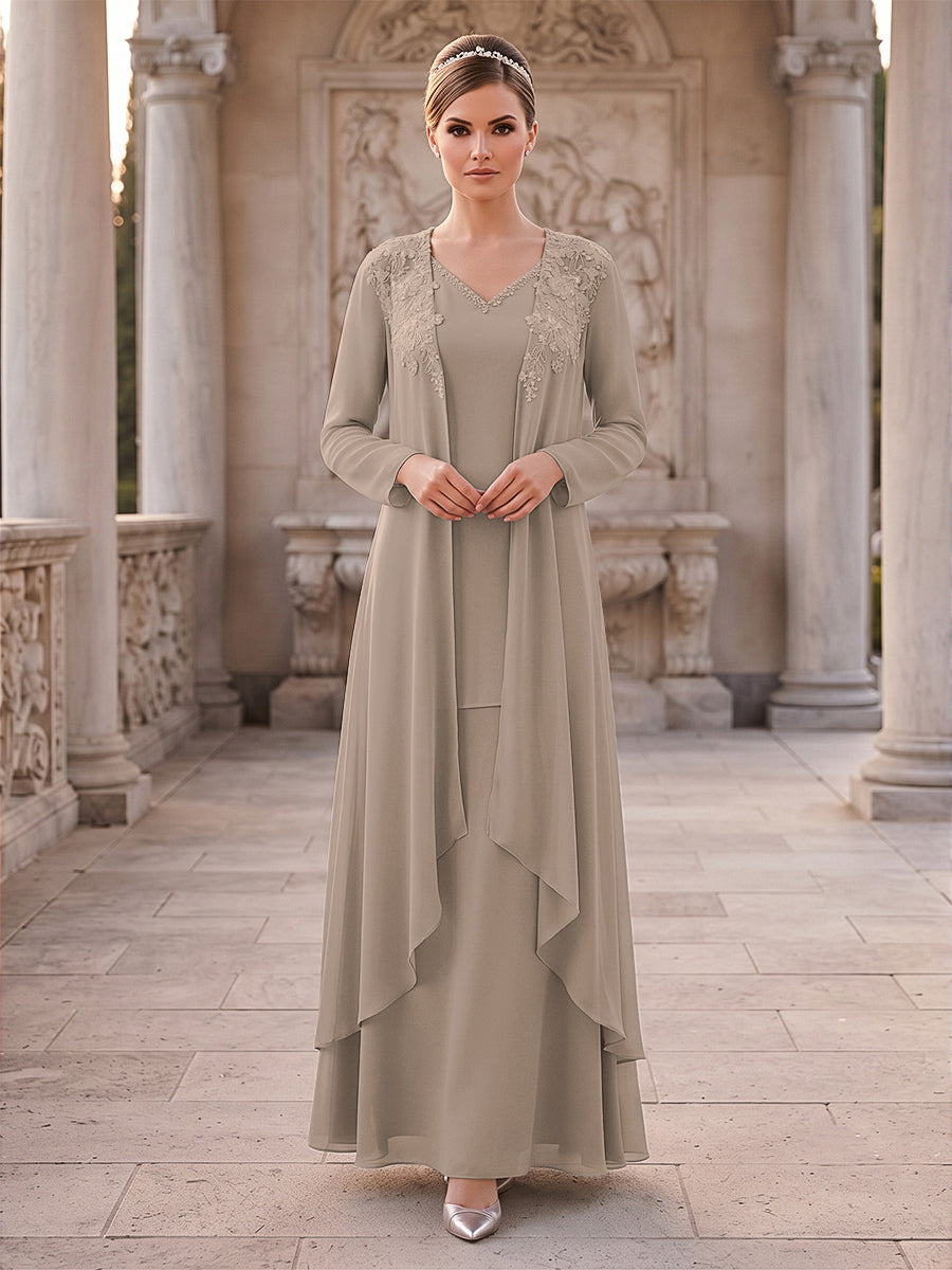 A-Line/Princess 2 Pieces Long Sleeves V Neck Floor Length Mother Of The Bride Dresses With Ruffles &amp; Appliques