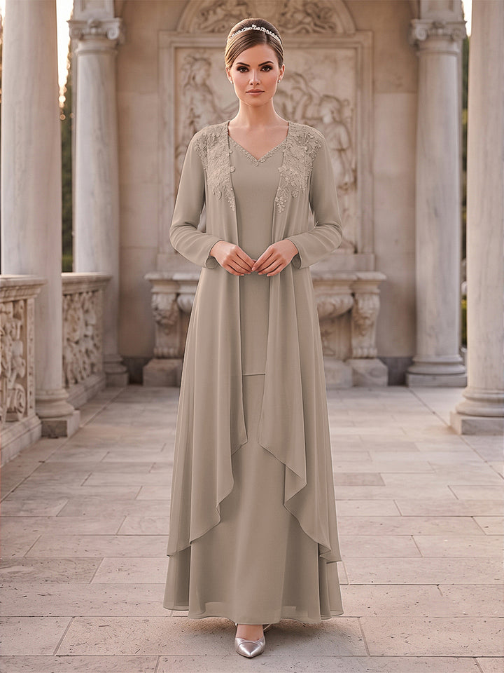 A-Line/Princess 2 Pieces Long Sleeves V Neck Floor Length Mother Of The Bride Dresses With Ruffles &amp; Appliques