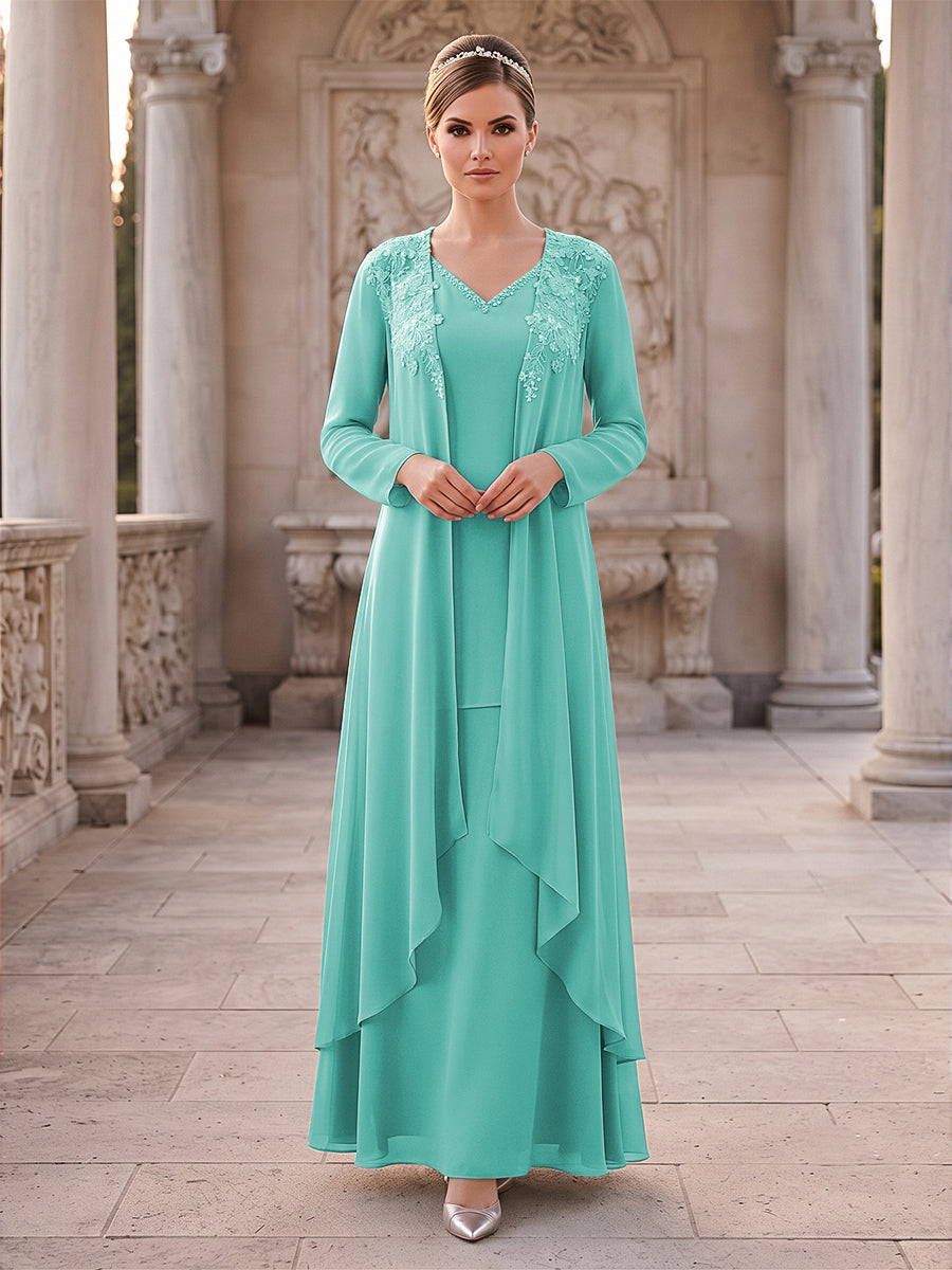 A-Line/Princess 2 Pieces Long Sleeves V Neck Floor Length Mother Of The Bride Dresses With Ruffles &amp; Appliques