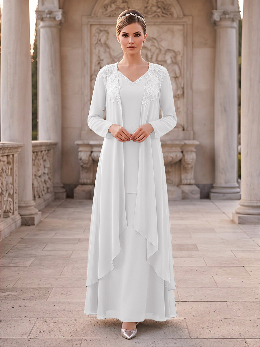 A-Line/Princess 2 Pieces Long Sleeves V Neck Floor Length Mother Of The Bride Dresses With Ruffles &amp; Appliques
