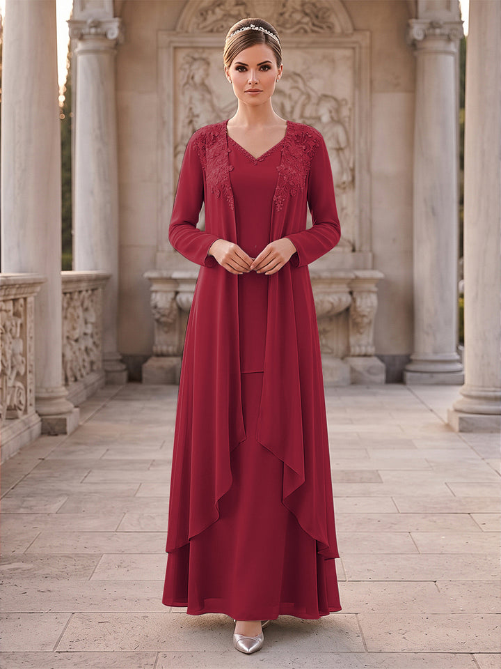 A-Line/Princess 2 Pieces Long Sleeves V Neck Floor Length Mother Of The Bride Dresses With Ruffles &amp; Appliques