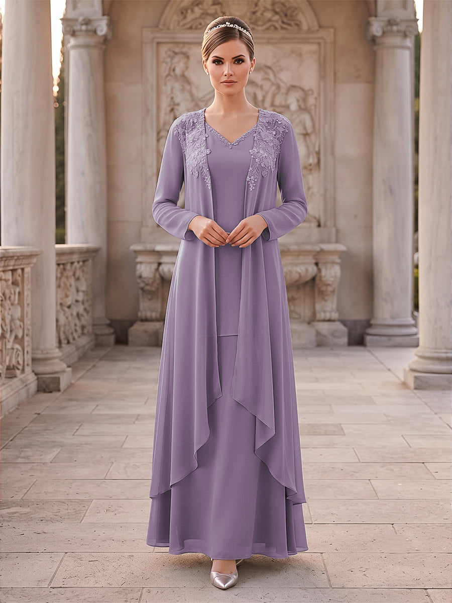 A-Line/Princess 2 Pieces Long Sleeves V Neck Floor Length Mother Of The Bride Dresses With Ruffles &amp; Appliques