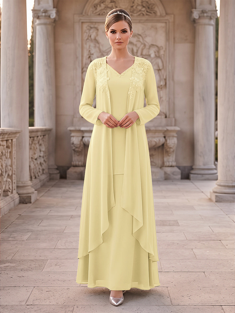 A-Line/Princess 2 Pieces Long Sleeves V Neck Floor Length Mother Of The Bride Dresses With Ruffles &amp; Appliques