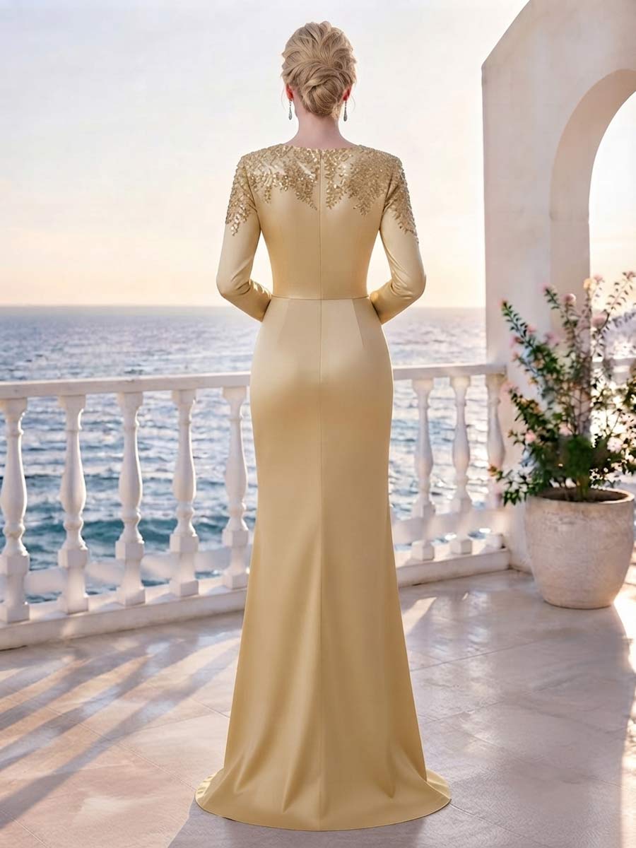 Sheath/Column Scoop Long Sleeves Floor-Length Mother of the Bride Dresses with Ruffles &amp; Rhinestone