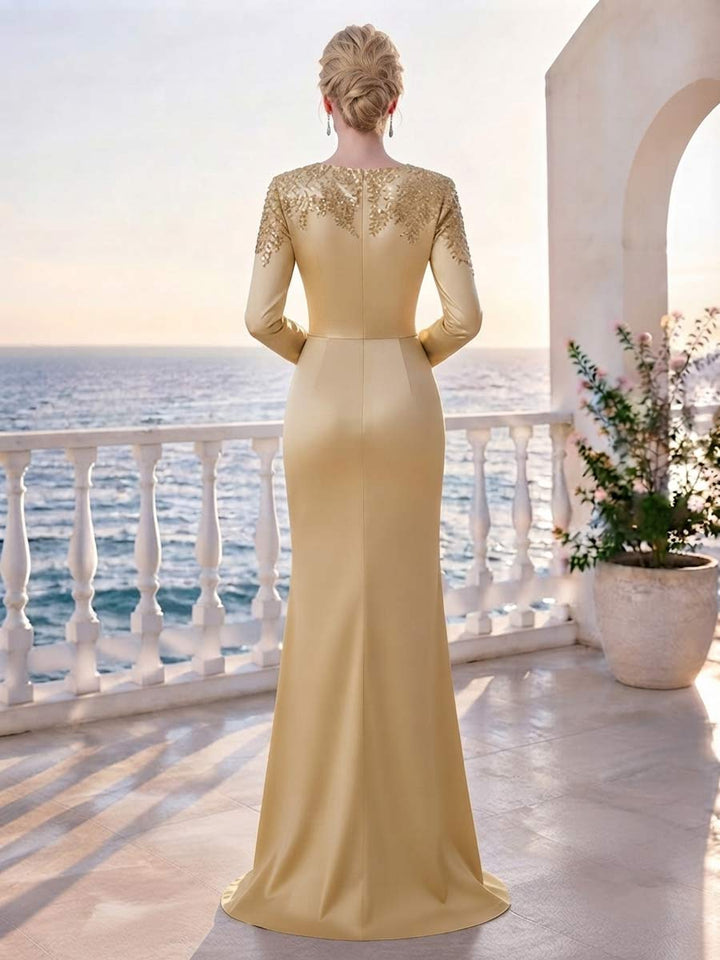 Sheath/Column Scoop Long Sleeves Floor-Length Mother of the Bride Dresses with Ruffles &amp; Rhinestone