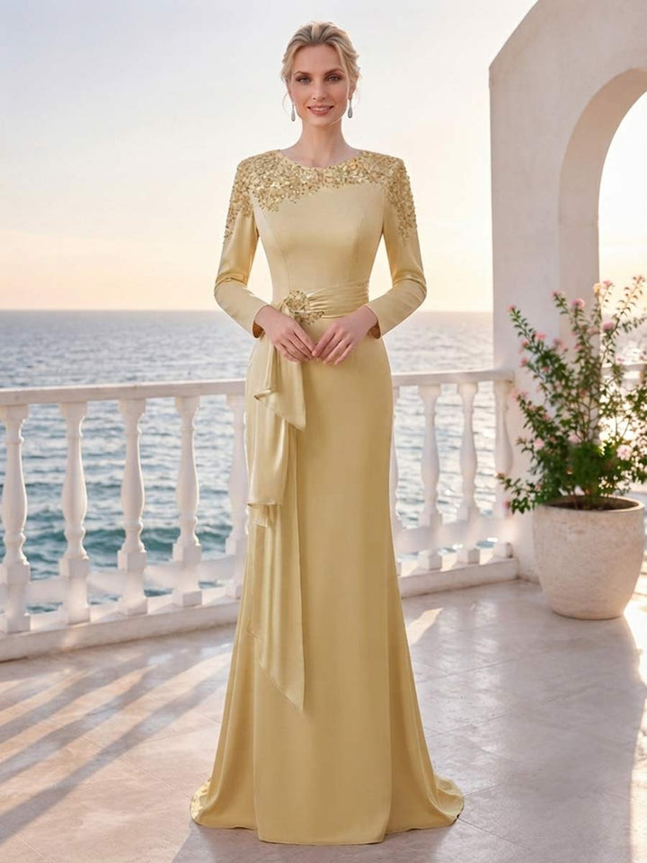 Sheath/Column Scoop Long Sleeves Floor-Length Mother of the Bride Dresses with Ruffles &amp; Rhinestone
