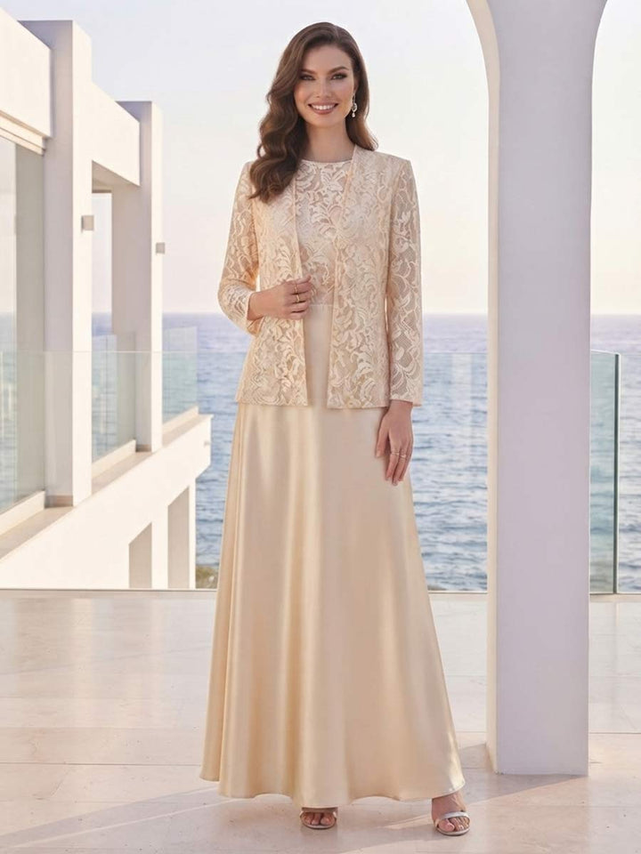 A-Line/Princess 2 Pieces Long Sleeves Scoop Floor Length Mother Of The Bride Dresses With Jacket &amp; Appliques