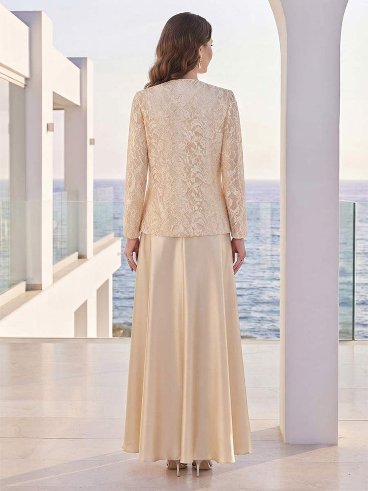 A-Line/Princess 2 Pieces Long Sleeves Scoop Floor Length Mother Of The Bride Dresses With Jacket &amp; Appliques