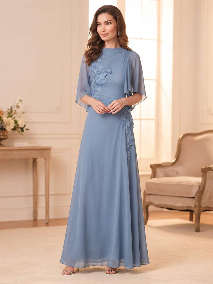 A-Line/Princess Scoop Half Sleeves Floor-Length Mother of the Bride Dresses with Cape &amp; 3D Floral