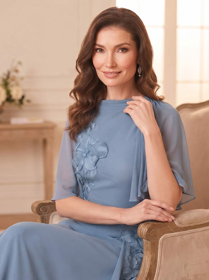 A-Line/Princess Scoop Half Sleeves Floor-Length Mother of the Bride Dresses with Cape &amp; 3D Floral