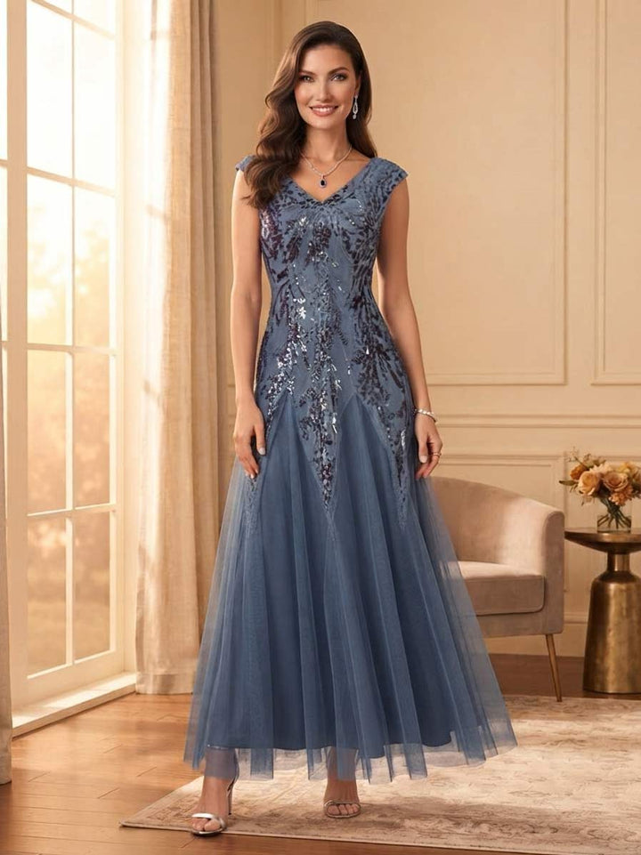 A-Line/Princess V-Neck Cap Sleeves Floor-Length Mother of the Bride Dresses with Glitter &amp; Lace