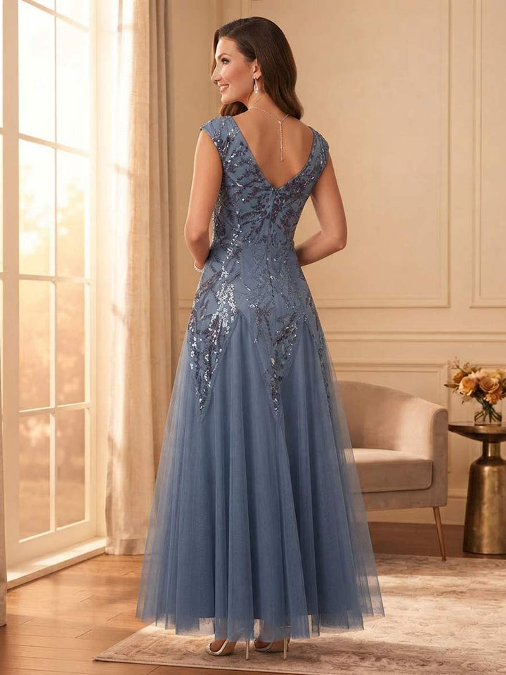 A-Line/Princess V-Neck Cap Sleeves Floor-Length Mother of the Bride Dresses with Glitter &amp; Lace