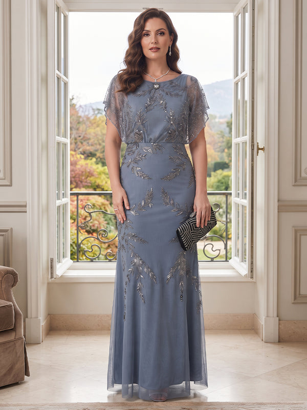 Sheath/Column Scoop Short Sleeves Tulle Floor-Length Plus Size Mother of the Bride Dresses with Sequins&Appliques