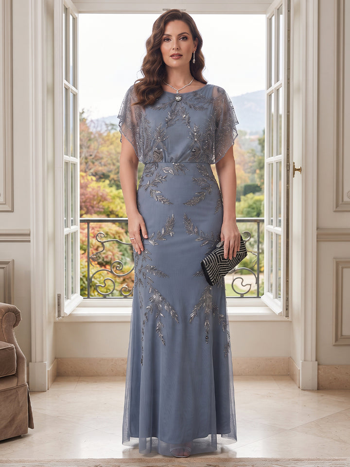 Sheath/Column Scoop Short Sleeves Tulle Floor-Length Plus Size Mother of the Bride Dresses with Sequins&amp;Appliques
