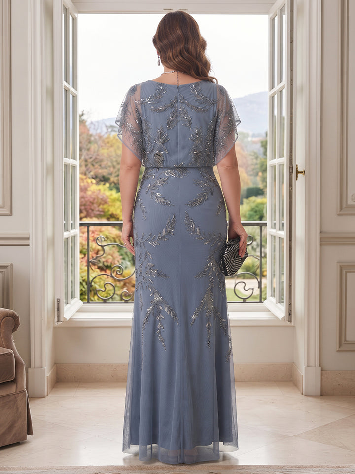 Sheath/Column Scoop Short Sleeves Tulle Floor-Length Plus Size Mother of the Bride Dresses with Sequins&amp;Appliques